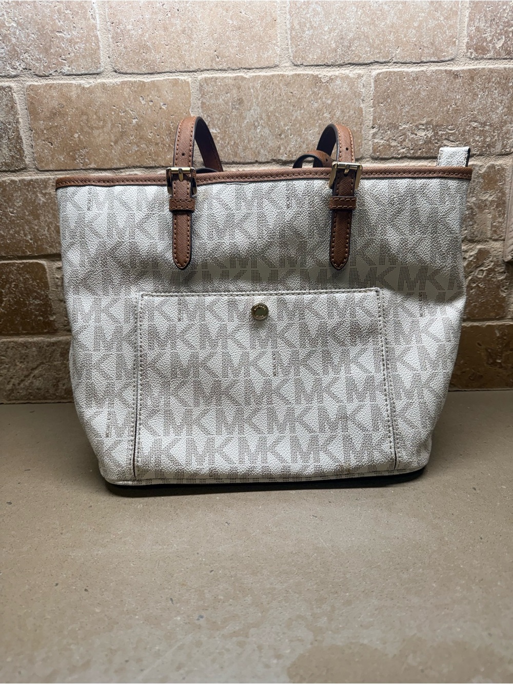 Michael Kors Cream Logo Tote with Brown Leather Trim